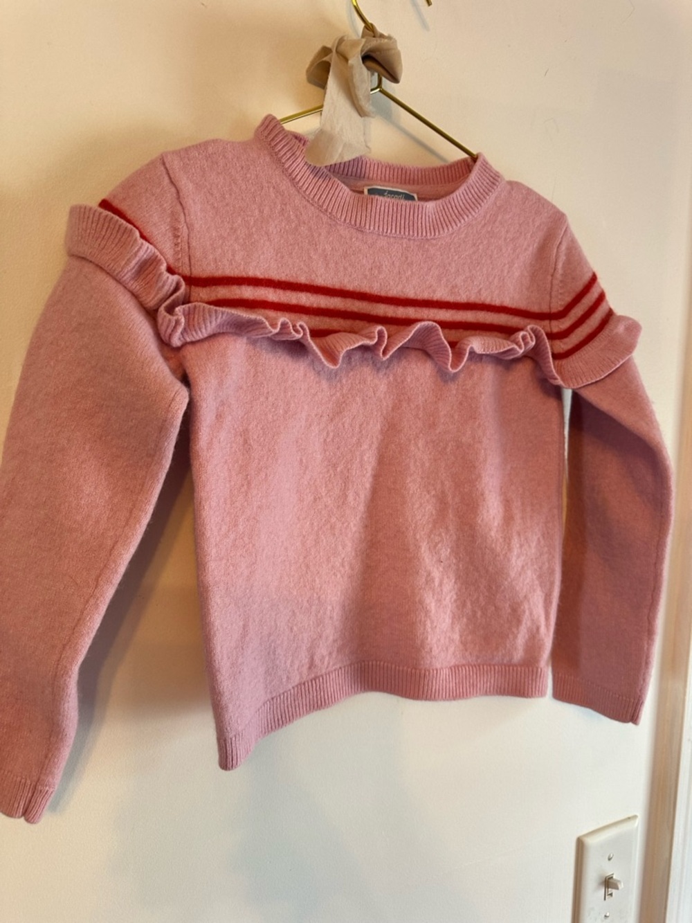 Girls Soft Pink wool Ruffle Stripe Sweater